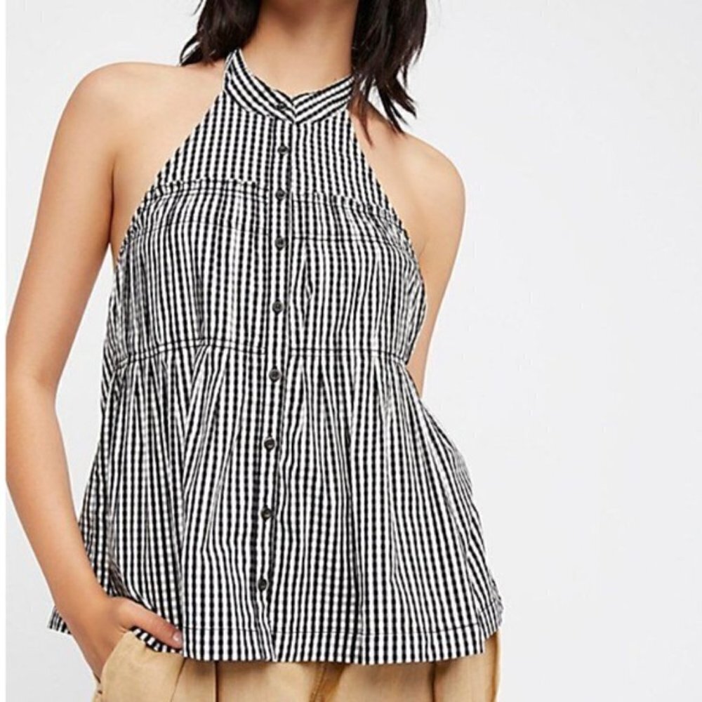 Free People Take It Easy Black and White Gingham Halter Top Size Small